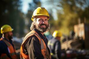 retrato de alegre trabajadores vistiendo la seguridad uniforme, construcción Ingenieria trabajos en edificio construcción sitio, observa y comprobación el proyecto. foto