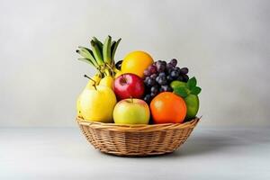 Fresco frutas en cesta aislado en blanco fondo, sano frutas Rico en vitaminas generativo ai foto