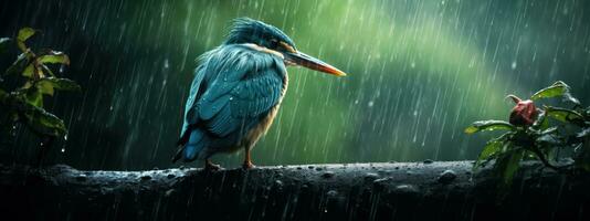 Epic Photography Shot of Bird on Rainy Day. Lively Rainy Season Concept. Generative Ai photo