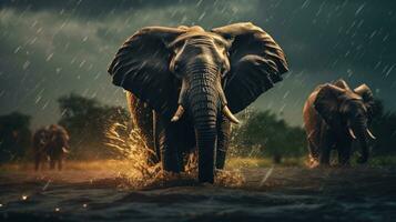 Epic Photography Shot of Elephant on Rainy Day. Lively Rainy Season Concept. Generative Ai photo