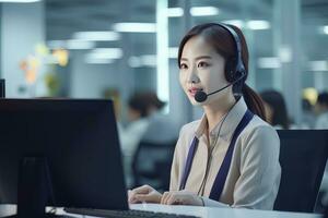 Portrait of a Beautiful Asian Customer Service Operator, Call Center Worker Talking Through Headset with Customer in Modern Office. photo