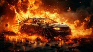 Car on Fire Accident, Burning Car Background, Car Insurance Concept. Generative Ai photo