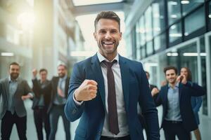 Confident Businessman Showing a Fighting Pose, Handsome Manager Gestures Raising Fists in Modern Office, Male Entrepreneur Fights a Problem photo