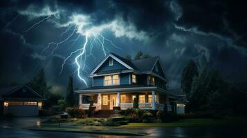 House on Heavy Lightning Thunder Strom Background, Home Insurance Concept. Generative Ai photo