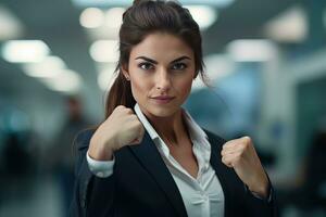 confidente mujer de negocios demostración un luchando pose, hermosa gerente gestos levantamiento puños en moderno oficina, hembra empresario peleas un problema foto