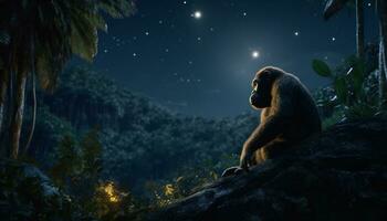 Recreation of a hominid sit down looking the stars at night in the jungle. Illustration AI photo