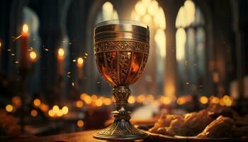 Artistic recreation of Eucharistic chalice with red wine in a big church or cathedral. Illustration AI photo