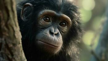 Portrait of a nice baby hominid in the jungle. Illustration AI photo