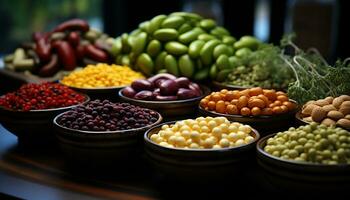 Photographic still life of different legumes in bowls. Illustration AI photo