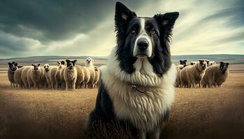 Shepherd dog with a special flock. Generated with Artificial Intelligence photo