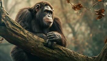 Recreation of a bipedal hominid leaning in a tree. Illustration AI photo