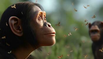 Recreation of a hominid looking with happiness and surprise butterflies flying in the jungle. Illustration AI photo