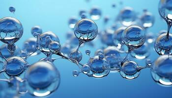 Fictitious recreation of crystal water molecules in blue background. Illustration AI photo