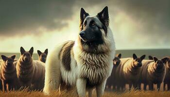 Shepherd dog with a flock. Artificial Intelligence photo