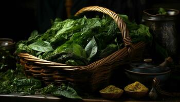 Still life of tea leaves in a wicker basket. Illustration AI photo