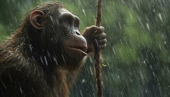Recreation of a hominid bipedal looking the rain in the jungle. Illustration AI photo