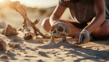 Archaeology excavation of remains of skull and bones of a hominid in an archaeological site in the desert. Illustration AI photo