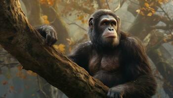 Recreation of a bipedal hominid walking in a tree. Illustration AI photo