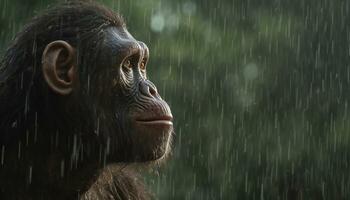 Recreation of hominid face looking with happiness the rain falling in the jungle. Illustration AI photo