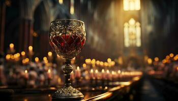 Artistic recreation of Eucharistic chalice with red wine inside a large church or cathedral. Illustration AI photo