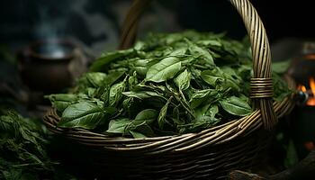 artístico recreación de todavía vida de té hojas en un mimbre cesta. ilustración ai foto