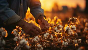 Recreation of male hands harvesting cotton flowers in a cotton field at sunset. Illustration AI photo
