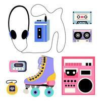 Classic 90s and 80s gadgets vector set. Flat style game console, audio cassette, recorder tape, floppy disk, vhs cassette, portable pet game and roller skate