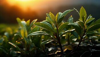 artístico recreación de té hojas a puesta de sol. ilustración ai foto