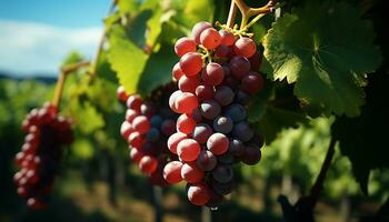 recreación de racimos de rojo uvas colgando en un vino un soleado día. ilustración ai foto