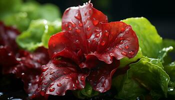 Artistic still life of wet red and green lettuce leaves with drops water. Illustration AI photo