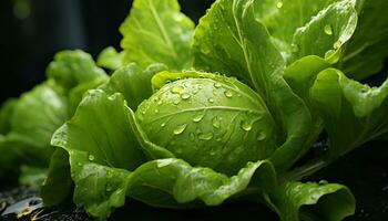 Still life of fresh lettuce leaves with water drops. Illustration AI photo