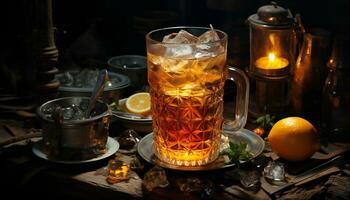 Artistic recreation of crystal glass with iced tea and oranges. Illustration AI photo