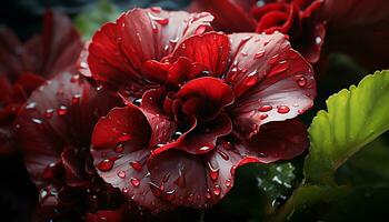 Artistic still life of wet red lettuce leaves with drops water. Illustration AI photo