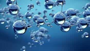 Fictitious recreation of crystal water molecules in blue background. Illustration AI photo