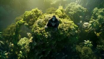 bípedo homínido en el alto de un montaña en el selva. ilustración ai foto