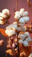Vertical recreation of cotton flowers at sunset. Illustration AI photo