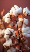 Vertical recreation of cotton flowers in cotton plant at sunset. Illustration AI photo