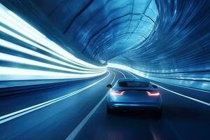 Modern car driving in tunnel. Generative AI photo