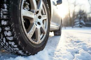 Car wheel with winter car on snow. Generative AI photo