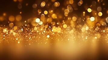 Gold glitters background. shimmering blur spot lights Bokeh Shiny gold light background texture. photo