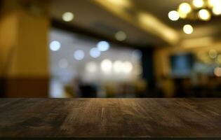 Wood Table Top in Blur Background room interior with empty copy space. photo