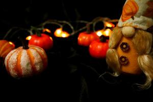 Halloween decorations background. Halloween Scary pumpkin head on wooden table Halloween holiday concept photo