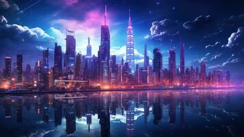 Futuristic cityscapes with neon lights and cyberpunk vibes photo