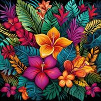 Vibrant tropical leaves and flowers pattern photo