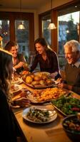 Multi-generational family enjoying potluck dinner photo