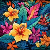 Vibrant tropical leaves and flowers pattern photo