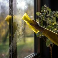 Person cleaning a window with squeegee photo