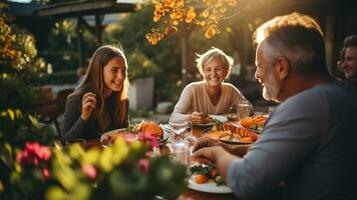 Multi-generational family enjoying potluck dinner photo