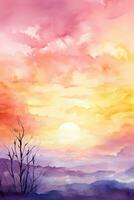 Pink and yellow watercolor sunset landscape photo