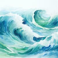 azul y verde acuarela Oceano olas foto
